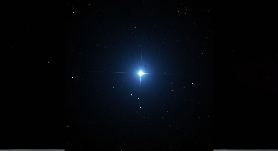 “Bright blue-white star Sirius shining in the dark night sky, surrounded by smaller stars.”