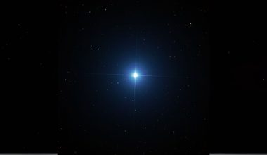 “Bright blue-white star Sirius shining in the dark night sky, surrounded by smaller stars.”