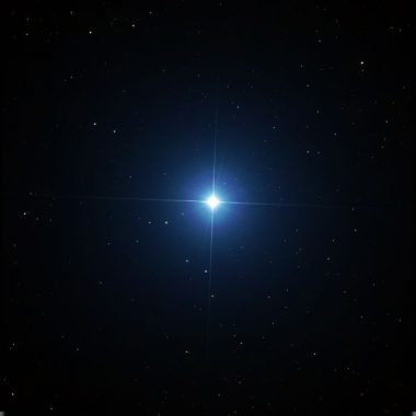 “Bright blue-white star Sirius shining in the dark night sky, surrounded by smaller stars.”